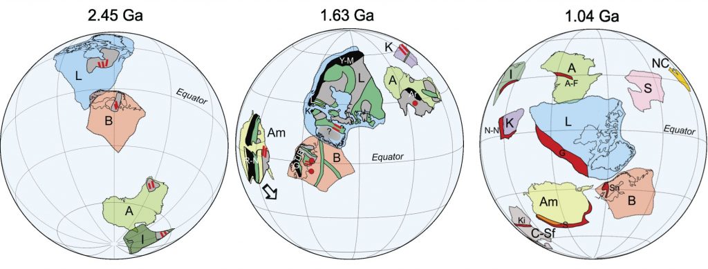 Reconstruções dos continentes entre o Paleoproterozoico e o final do Mesoproterozoico (adaptado de Pesonen et al., 2012)